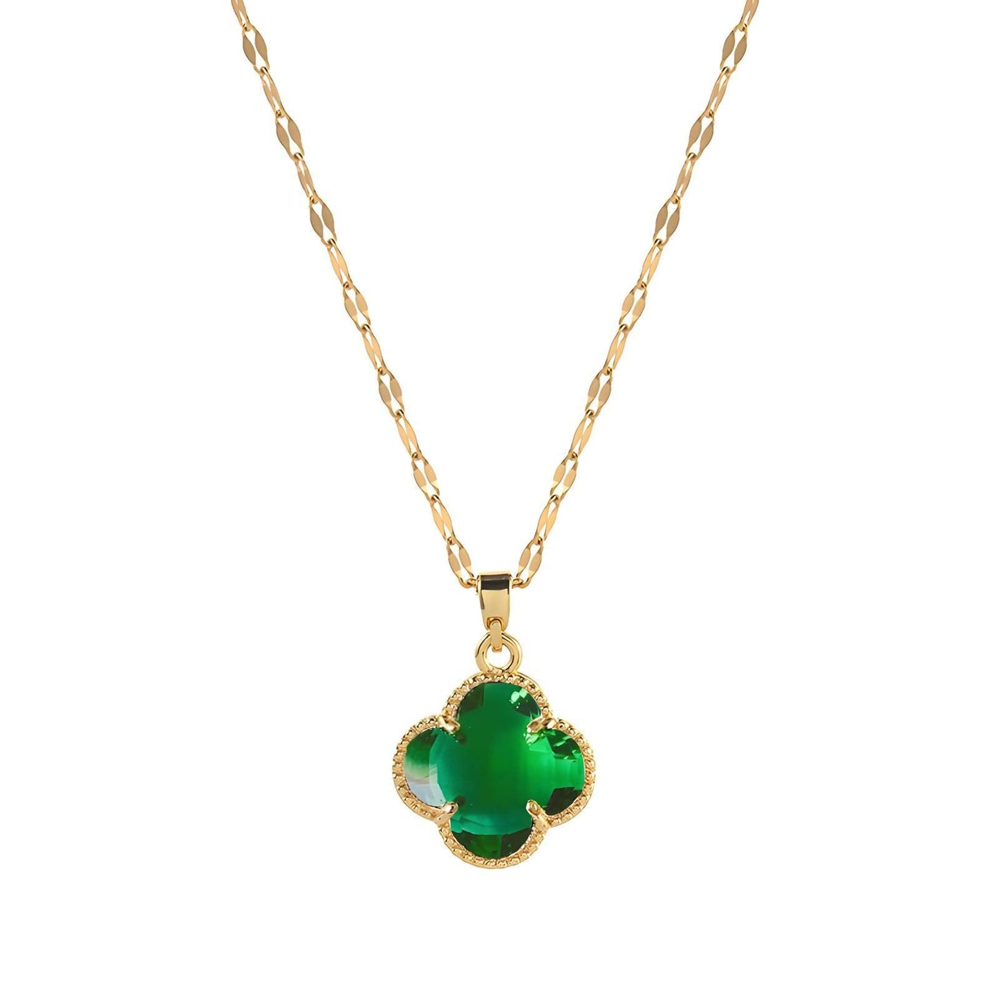 18K Gold Clover Pendant Necklace - Green Gemstone Charm - OmKrust