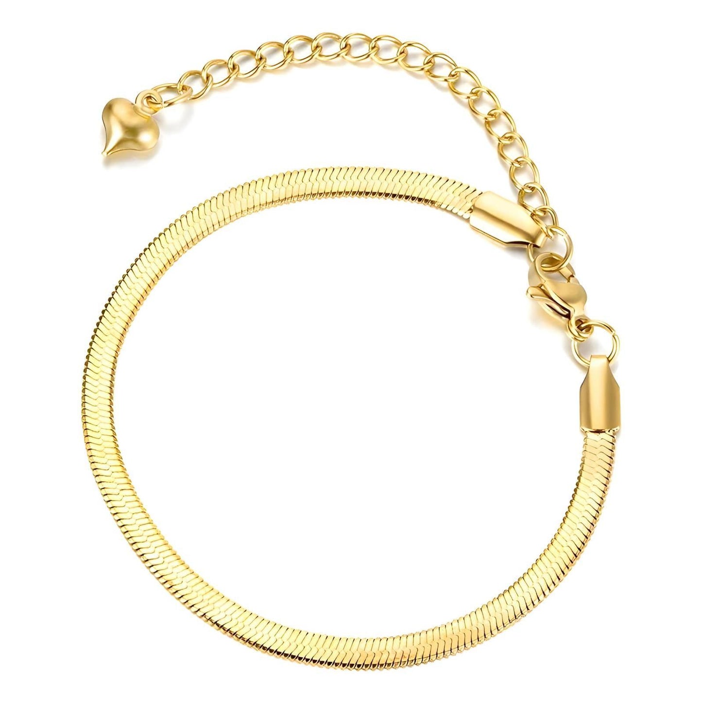 18K GOLD PLATED Stainless Steel Snake Chain Bracelet with Heart Charm Waterproof Hypoallergic