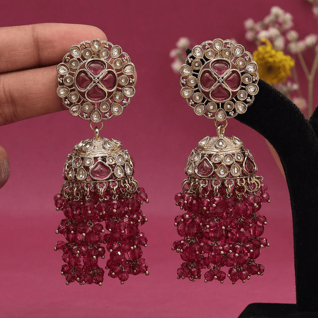 Chandelier JHUMKA Dangling Magenta Zirconia and Kundan studded Earrings - OmKrust