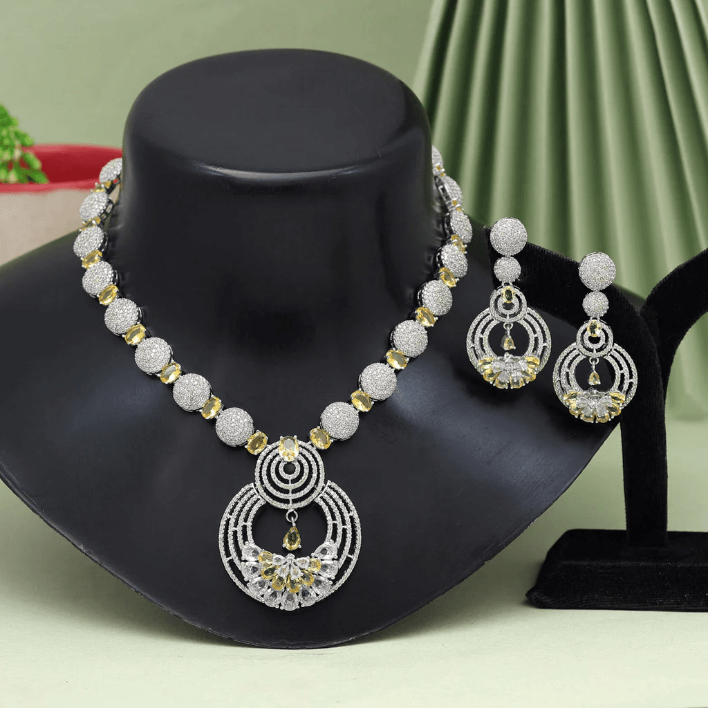Elegance Signature Collection American Diamond Necklace and Earring Set (Yellow) - OmKrust