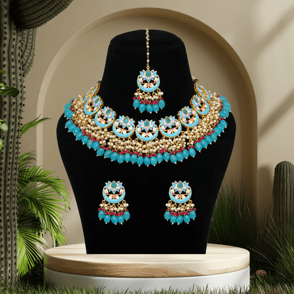 Elegant Traditional Firozi Turquoise Color Premium Meenakari Necklace Set - OmKrust
