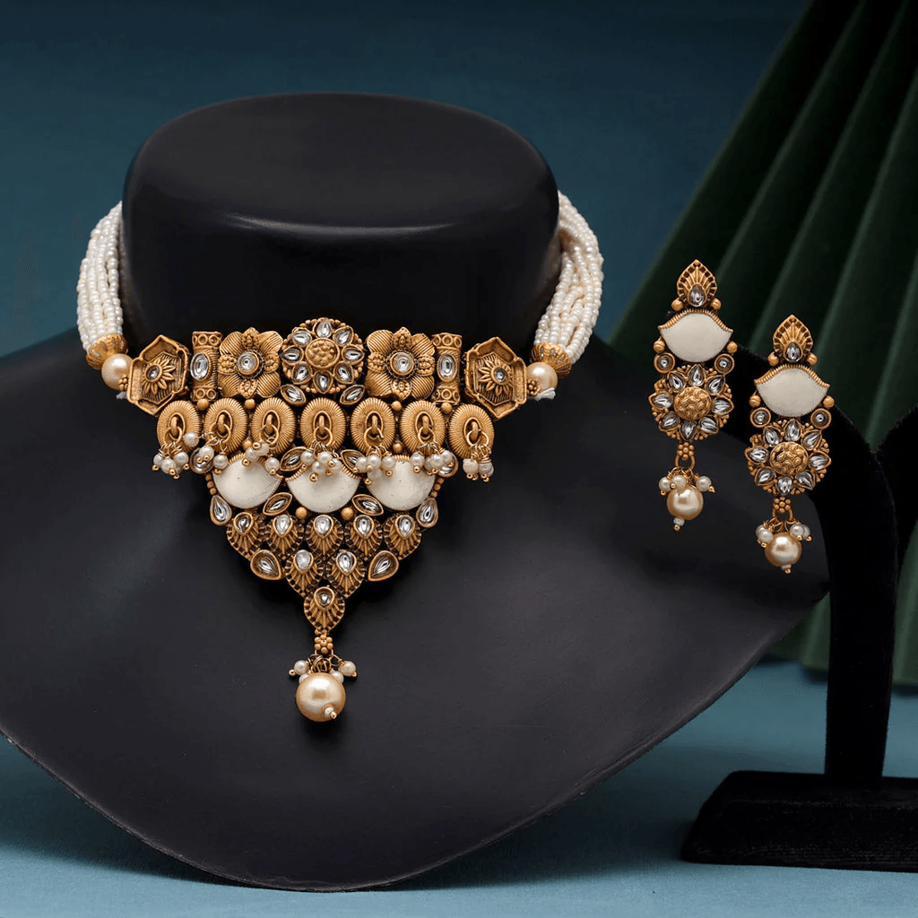 Ethereal White Choker Necklace Necklace Earrings Set Matte Gold Temple Design with Crystal Stone Accents - OmKrust