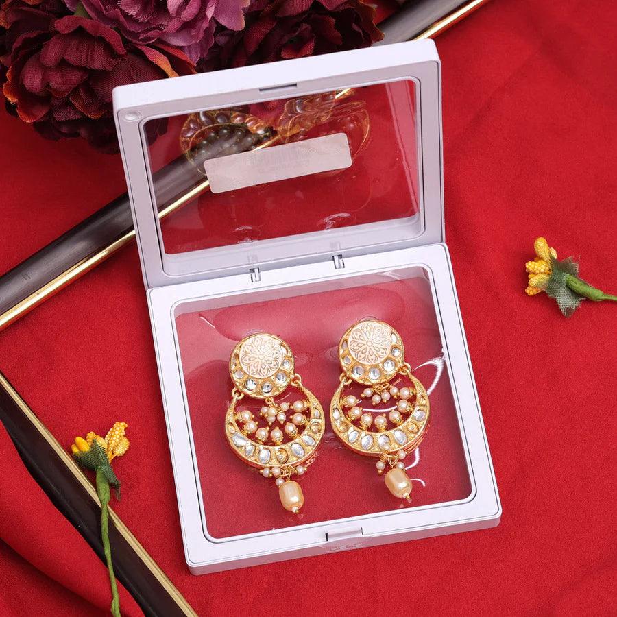 GOLD Color Kundan Dangling Earrings with delicate pearls - OmKrust