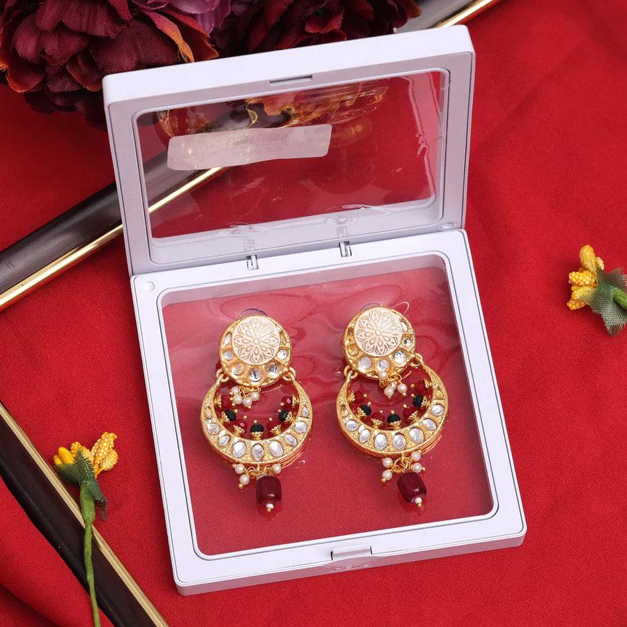 Maroon & Green Color Kundan Dangling Earrings with delicate pearls - OmKrust