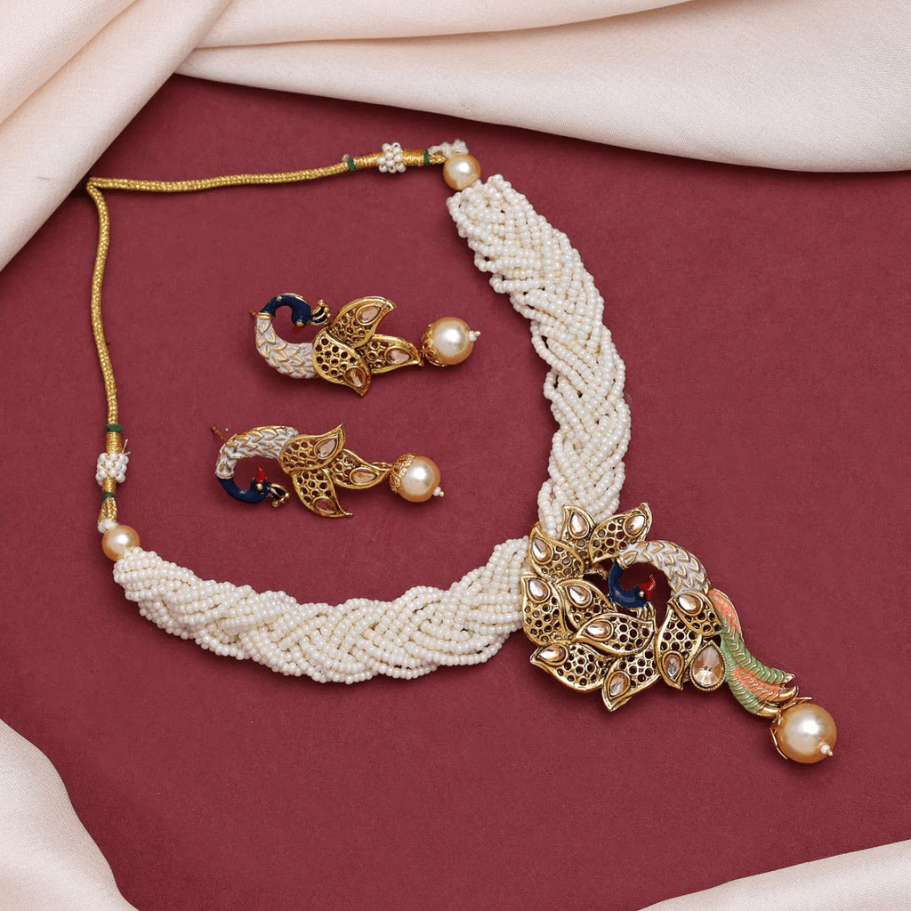 Multi-Strand Gold-Plated White Bead Necklace & Earring Set with Peacock Pendant - OmKrust