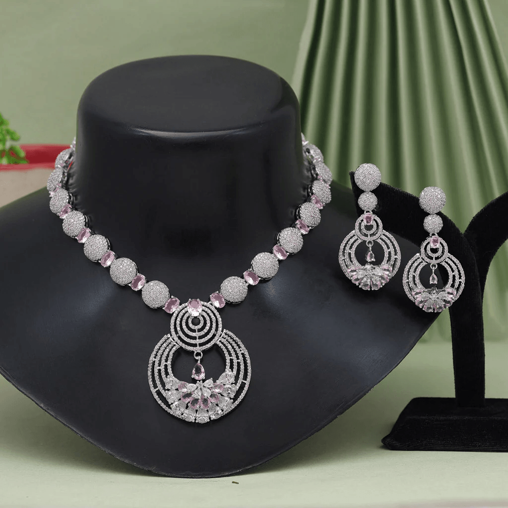 Pink Elegance Signature Collection American Diamond Necklace and Earring Set - OmKrust