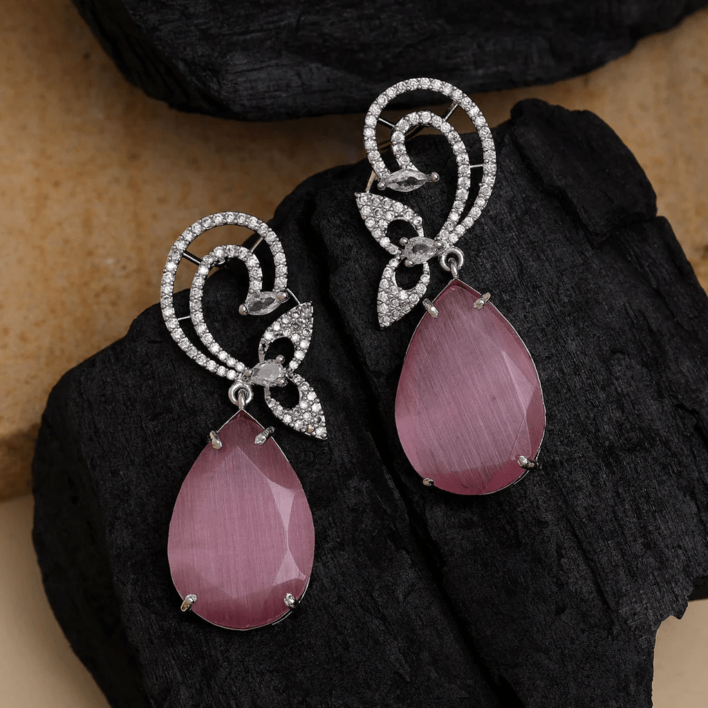 Radiant Pink Teardrop Earrings with Dazzling Silver Accents - OmKrust