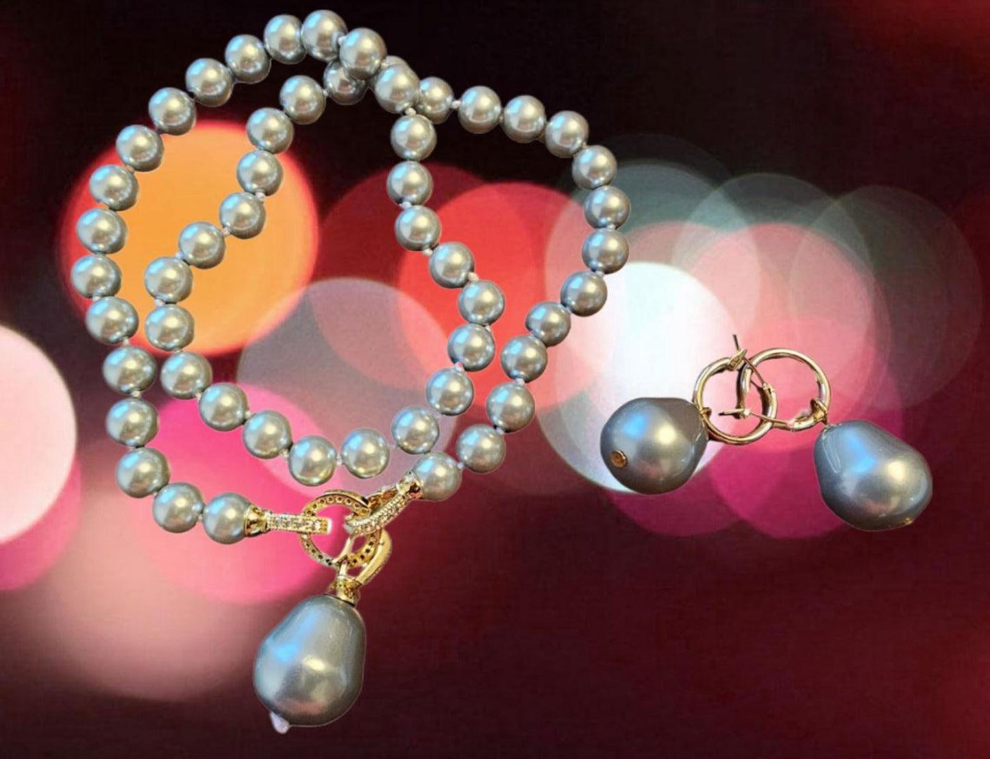 Regal 8mm Gray Pearl Set Baroque Pendant and Earing