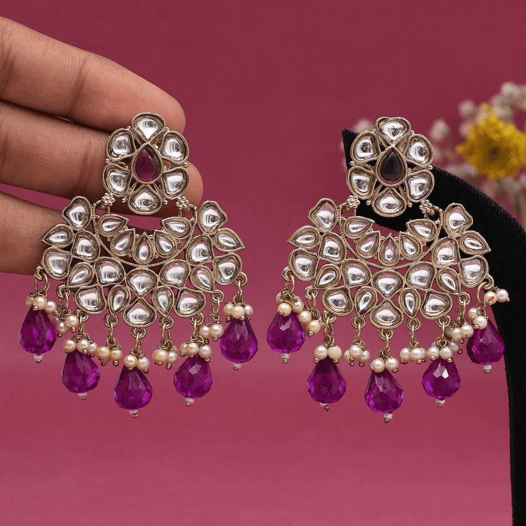 Regal Purple Kundan Earrings Kundan| intricate Meenakari Jadau - OmKrust