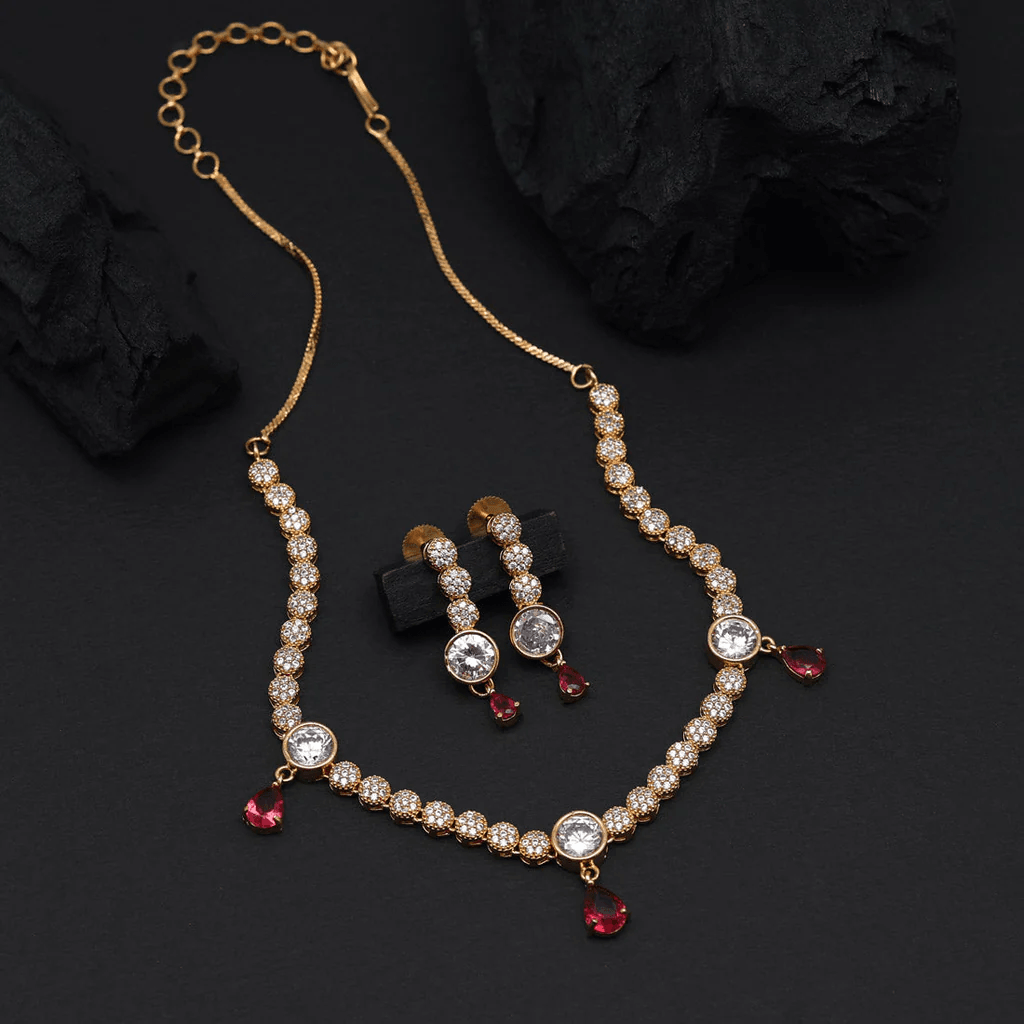 Regal Rani magenta American Diamond Necklace Set - OmKrust