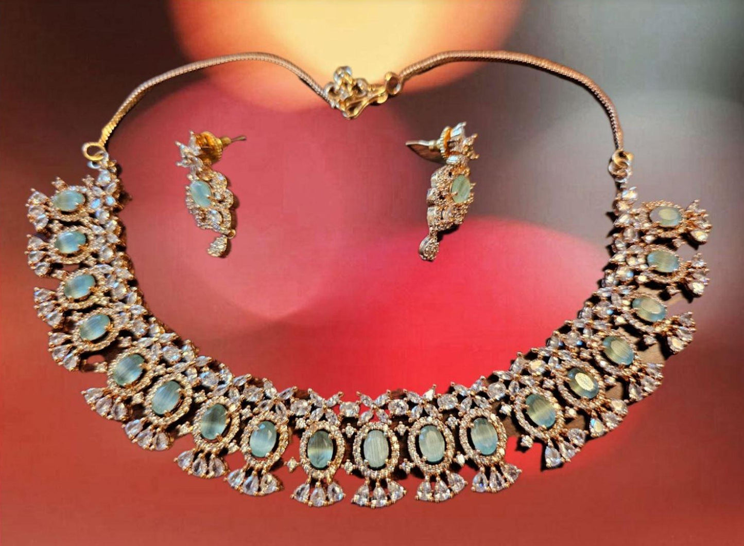 Rose Gold CZ Necklace & Earrings with Mint Green Polki Accents