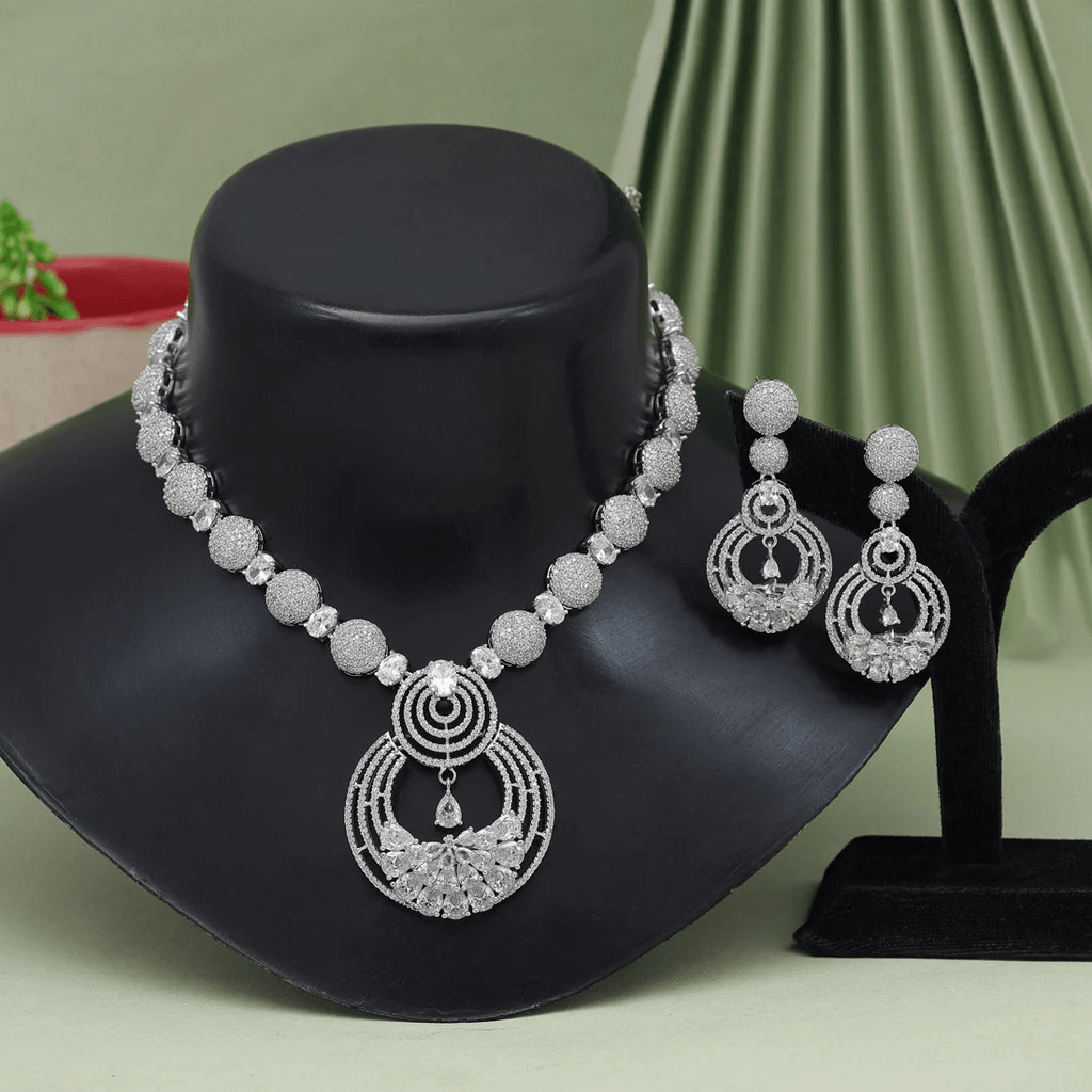 Silver Elegance Signature Collection American Diamond Necklace and Earring Set - OmKrust