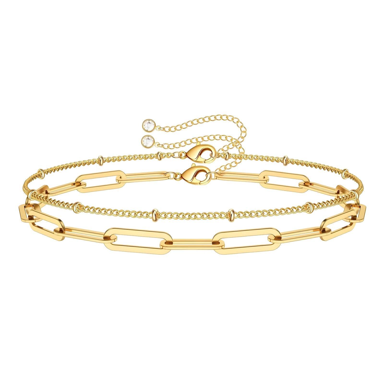 Gold-Tone Layered Chain Bracelet 18K GOLD PLATED STAINLESS STEEL waterproof hypoallergenic 