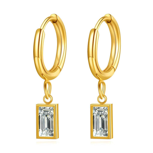 18K Gold-Plated Hoop Earrings with Dangling Square Crystal - OmKrust