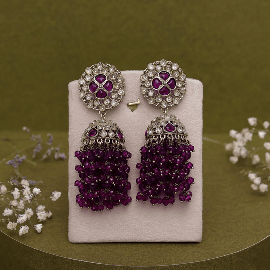 Chandelier JHUMKA Dangling Purple Cubic Zirconia and Kundan Earrings - OmKrust