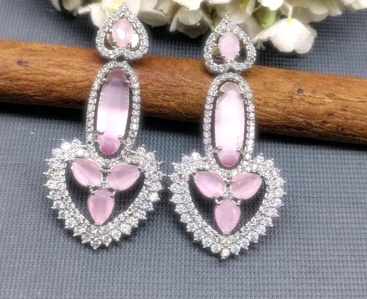 Elegant Dangling Radiant Elegance: Rhodium White-with Pink Gemstone American Diamond Earrings” - OmKrust