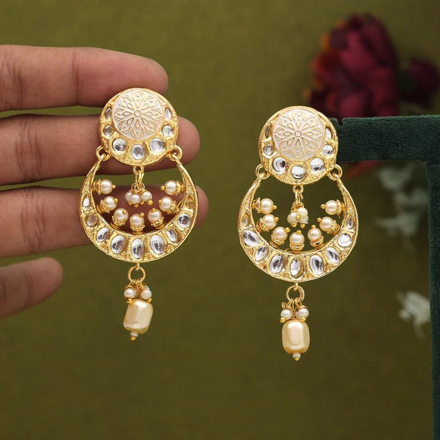 GOLD Color Kundan Dangling Earrings with delicate pearls - OmKrust