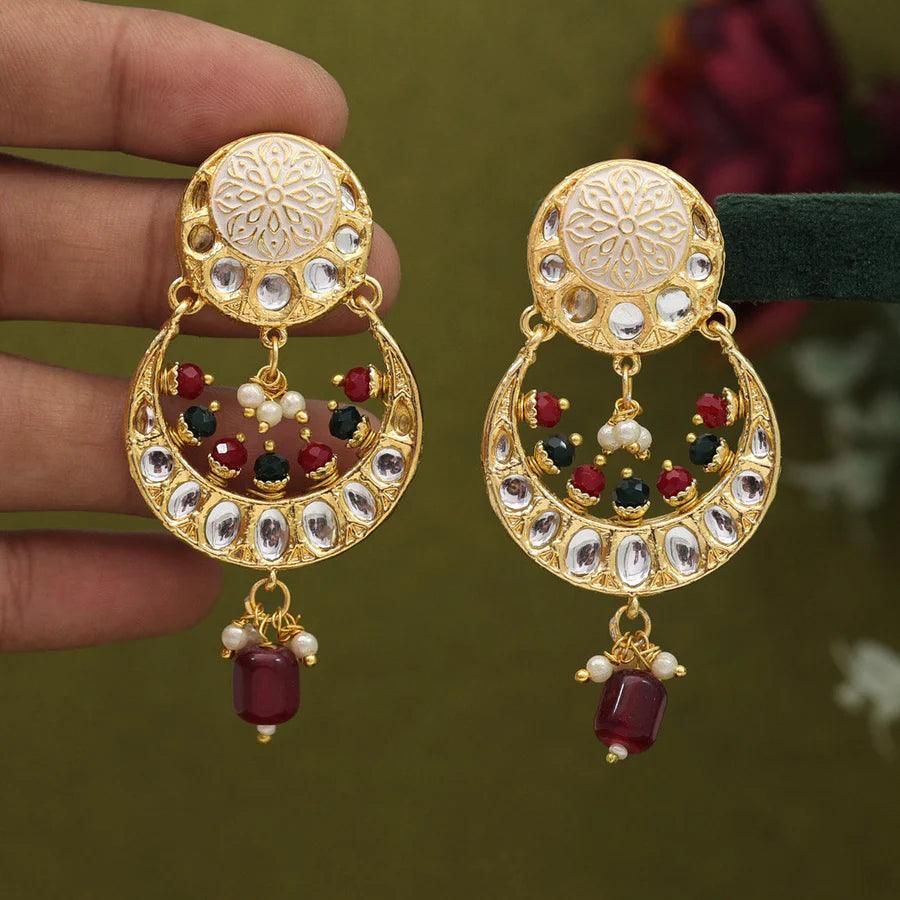 Maroon & Green Color Kundan Dangling Earrings with delicate pearls - OmKrust