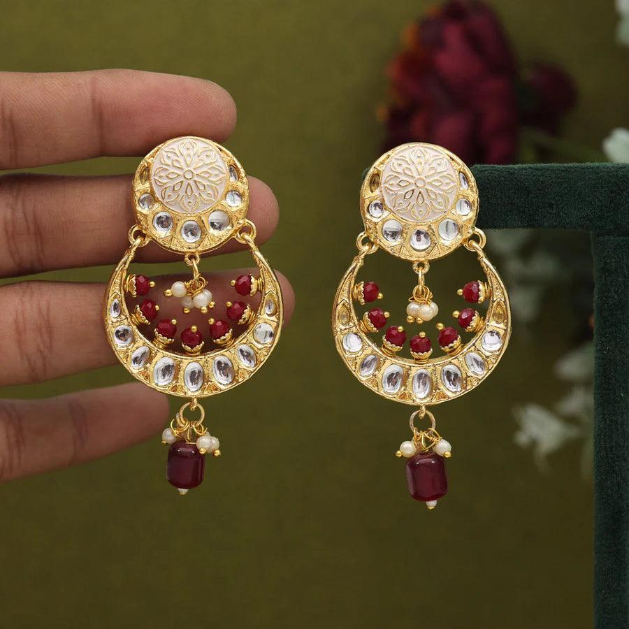 Maroon Color Kundan Dangling Earrings with delicate pearls - OmKrust