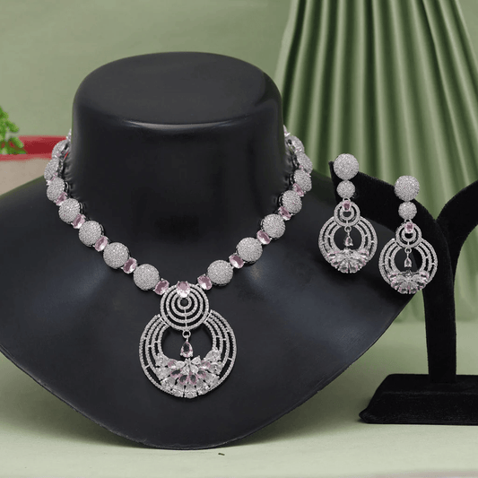 Pink Elegance Signature Collection American Diamond Necklace and Earring Set - OmKrust