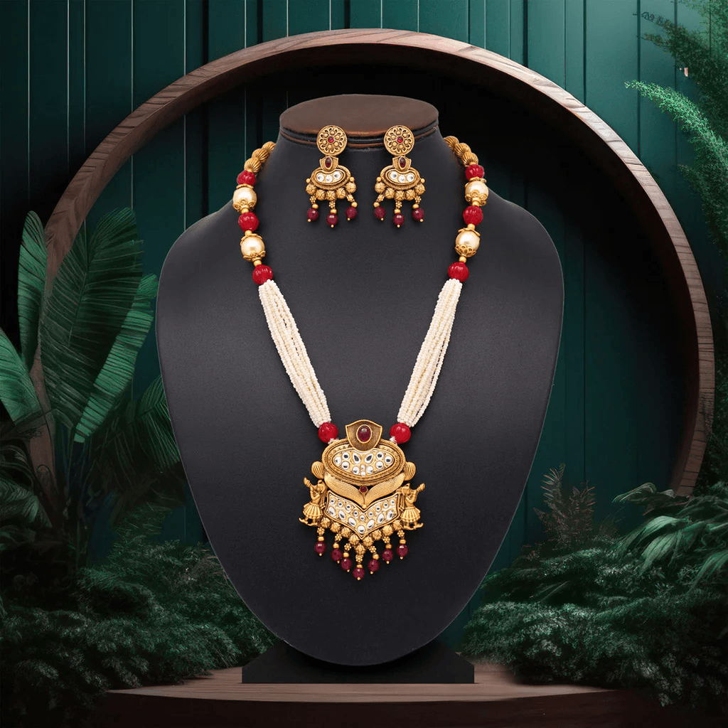Regal Kundan Pearl Necklace Set with Adjustable Chain & Dangle Earrings - OmKrust