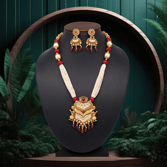 Regal Kundan Pearl Necklace Set with Adjustable Chain & Dangle Earrings - OmKrust
