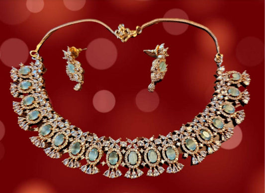 Rose Gold CZ Necklace & Earrings with Mint Green Polki Accents
