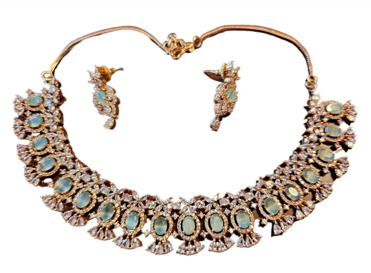 Rose Gold CZ Necklace & Earrings with Mint Green Polki Accents Media 2 of 9     Analyzing image
