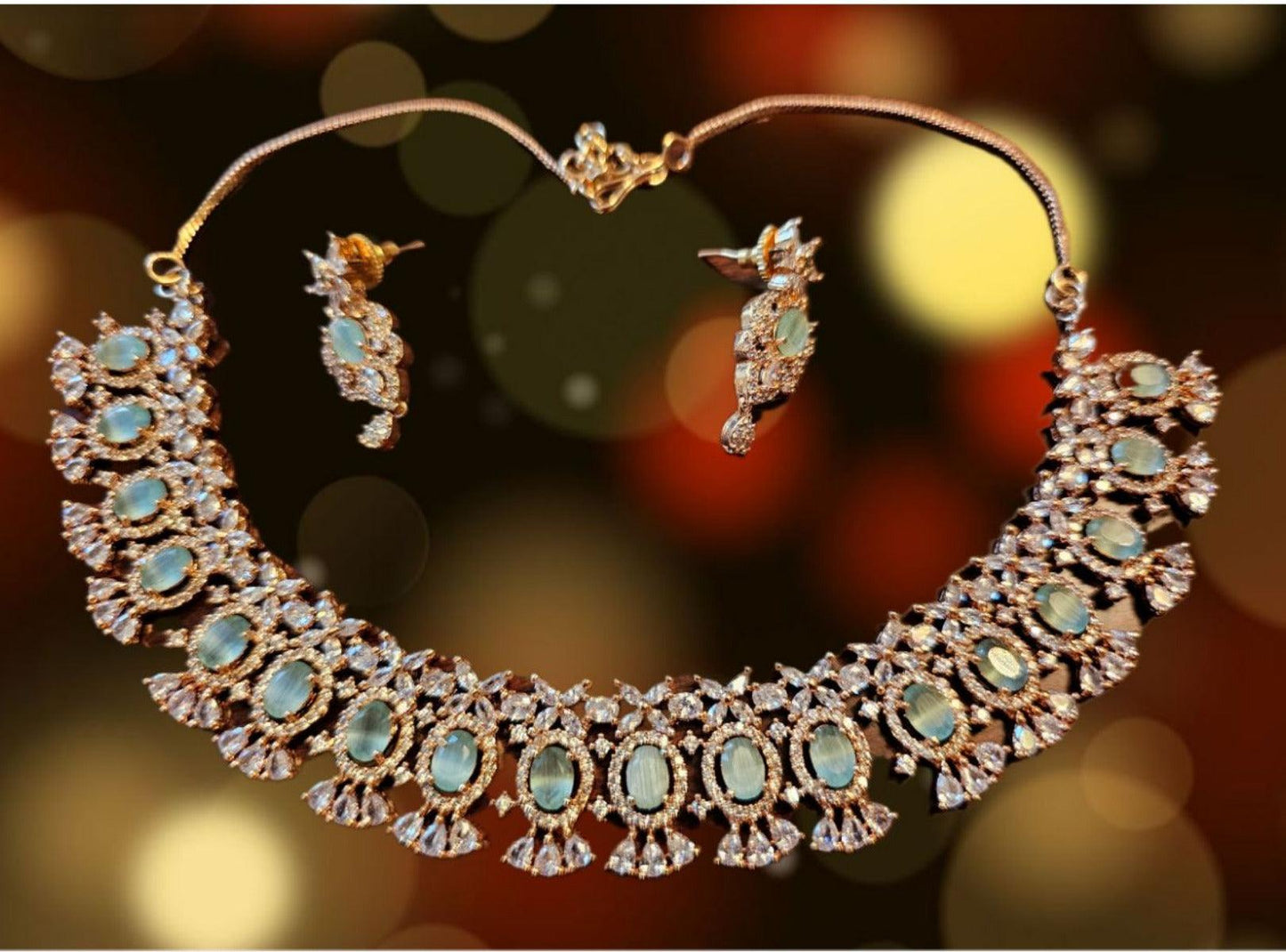 Rose Gold CZ Necklace & Earrings with Mint Green Polki Accents