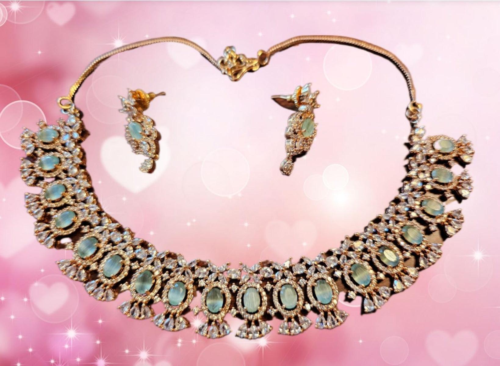 Rose Gold CZ Necklace & Earrings with Mint Green Polki Accents Media 2 of 9     Analyzing image