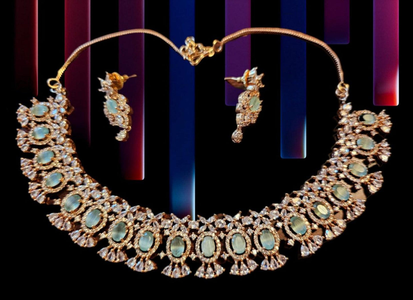 Rose Gold CZ Necklace & Earrings with Mint Green Polki Accents