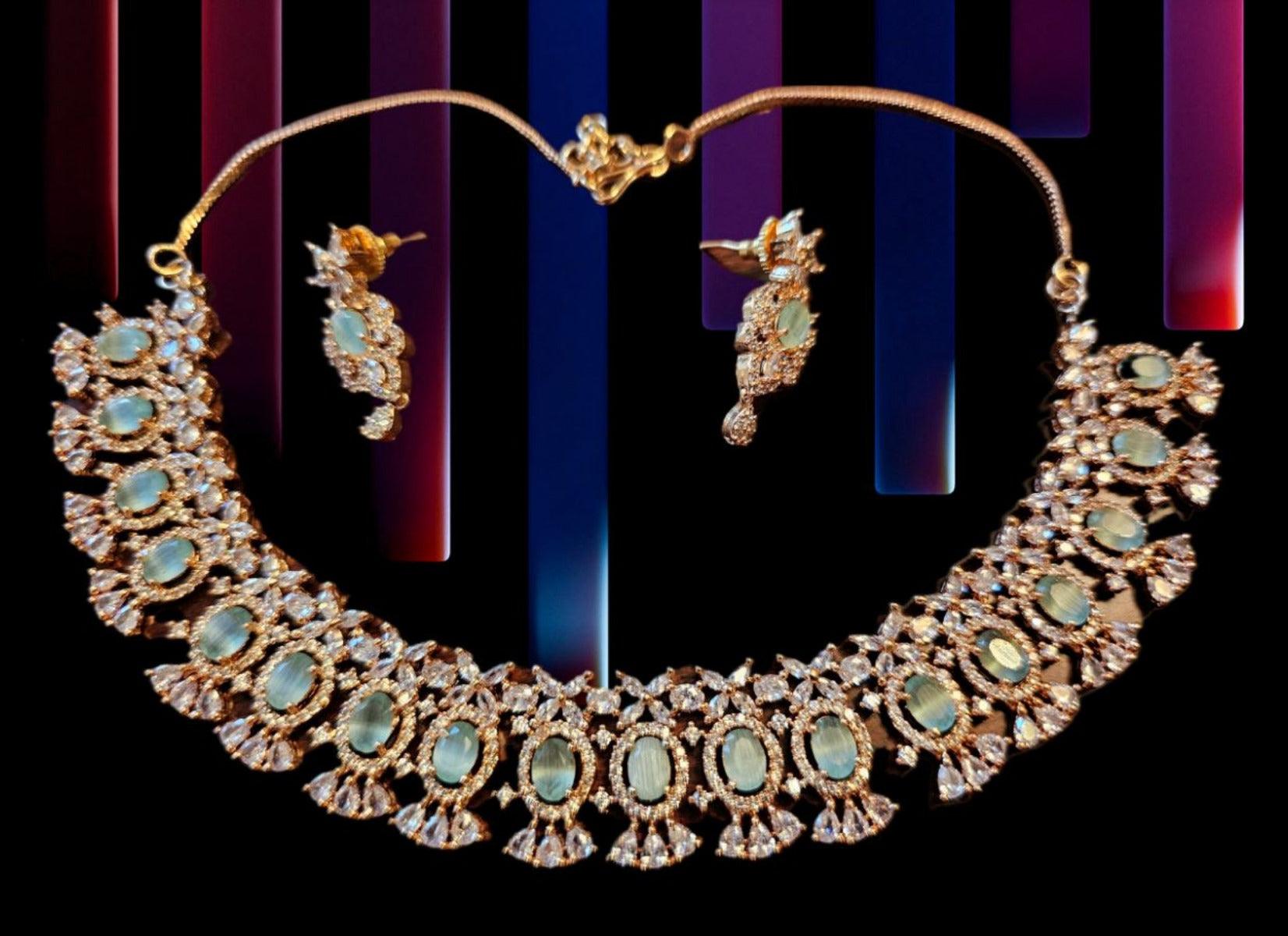 Rose Gold CZ Necklace & Earrings with Mint Green Polki Accents