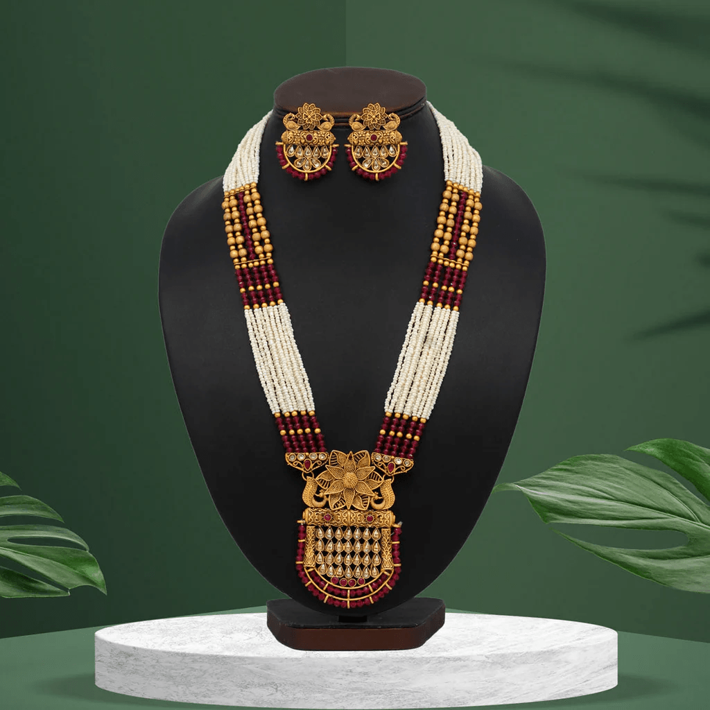 Traditional Beaded Necklace Set with Gold-Tone Pendant & Earrings - OmKrust