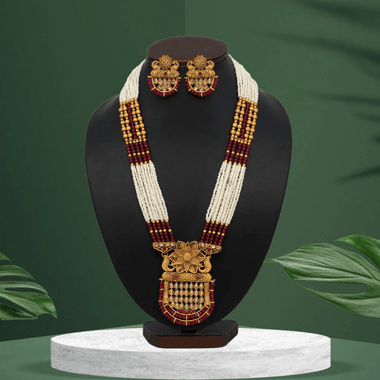 Traditional Beaded Necklace Set with Gold-Tone Pendant & Earrings - OmKrust